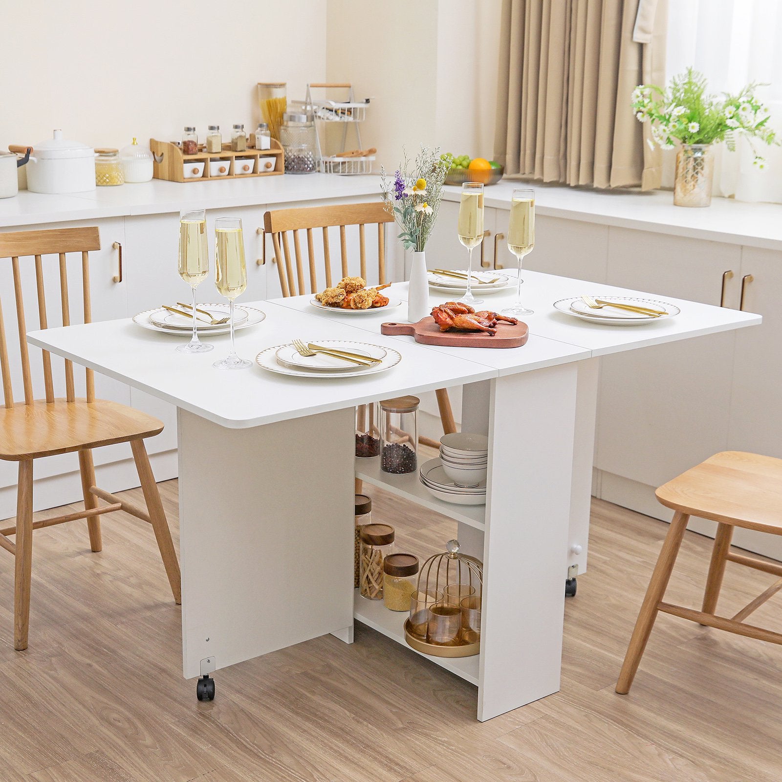 Versatile folding dining table made from high-quality laminated materials with melamine edging, measuring 30x32x63 inches. Stylish and durable, it features a sleek design and a foldable structure for easy storage, perfect for any dining room setting