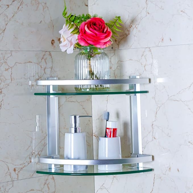 2-tier glass corner shelf with an aluminum frame, measuring 24D x 24W x 31H cm, perfect for stylish home organization