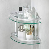 2-tier glass corner shelf with an aluminum frame, measuring 24D x 24W x 31H cm, perfect for stylish home organization