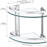 2-tier glass corner shelf with an aluminum frame, measuring 24D x 24W x 31H cm, perfect for stylish home organization