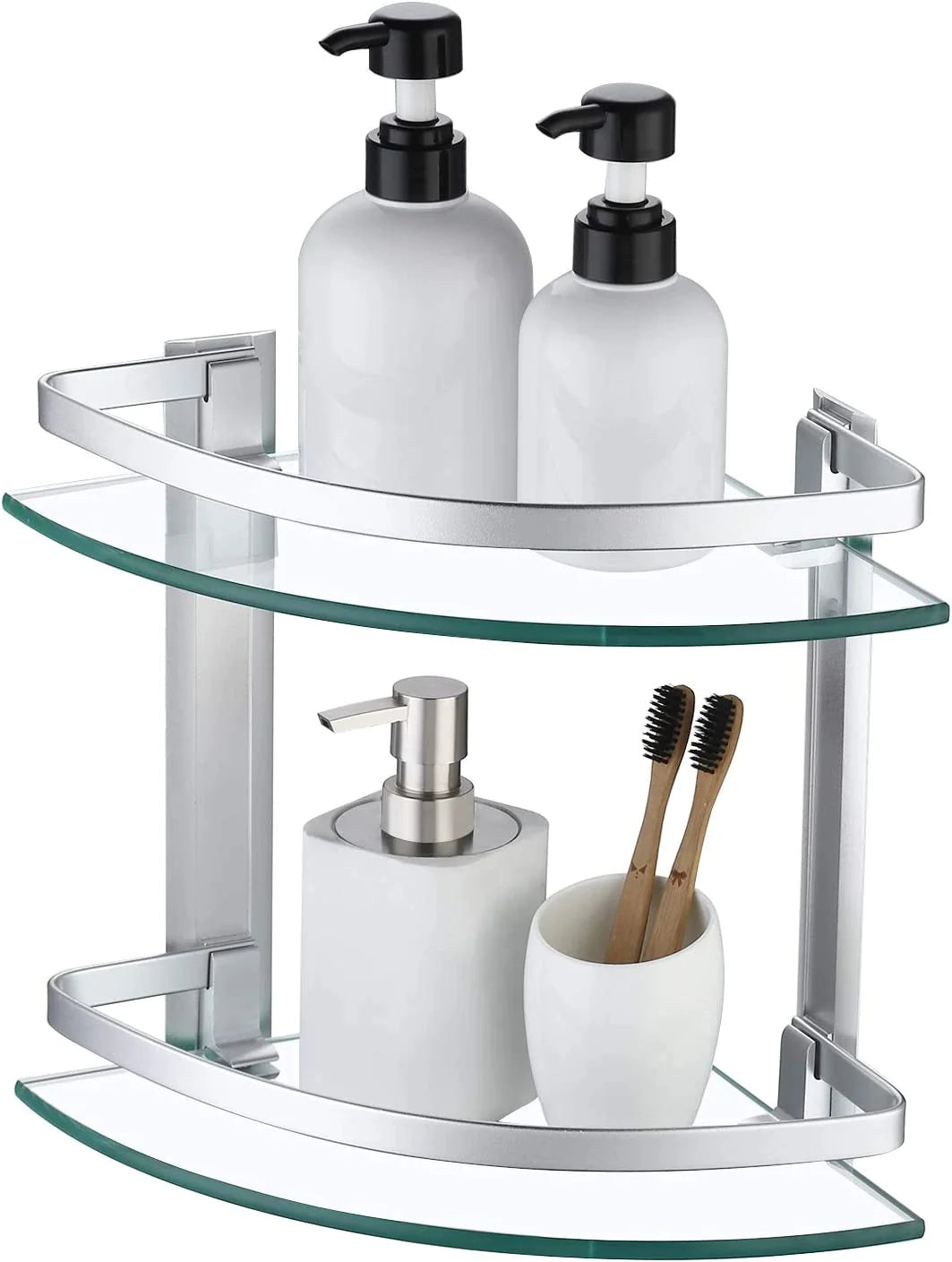 2-tier glass corner shelf with an aluminum frame, measuring 24D x 24W x 31H cm, perfect for stylish home organization