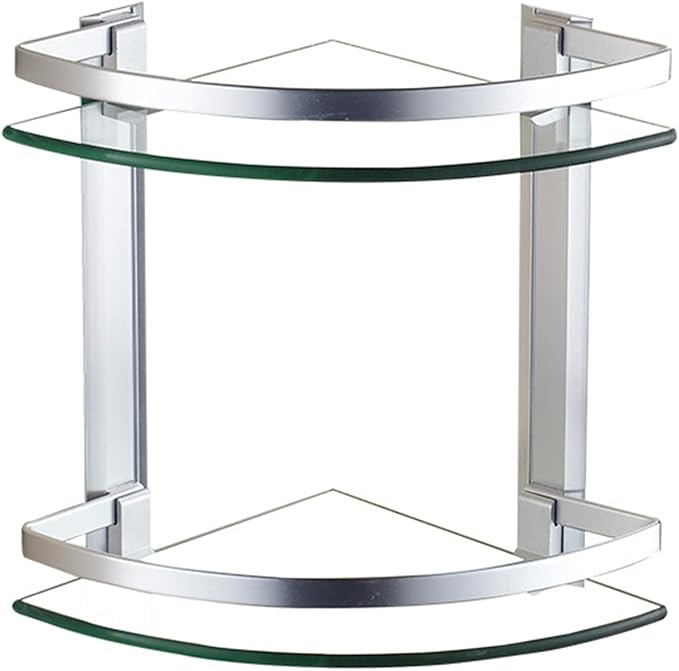 2-tier glass corner shelf with an aluminum frame, measuring 24D x 24W x 31H cm, perfect for stylish home organization