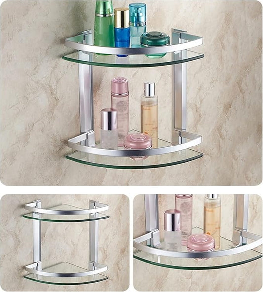 2-tier glass corner shelf with an aluminum frame, measuring 24D x 24W x 31H cm, perfect for stylish home organization