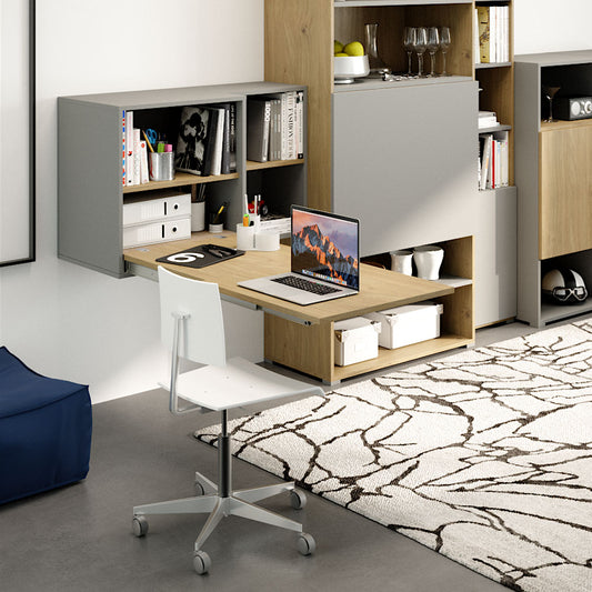 Fold-out drawer table with no legs, ideal for compact workspaces