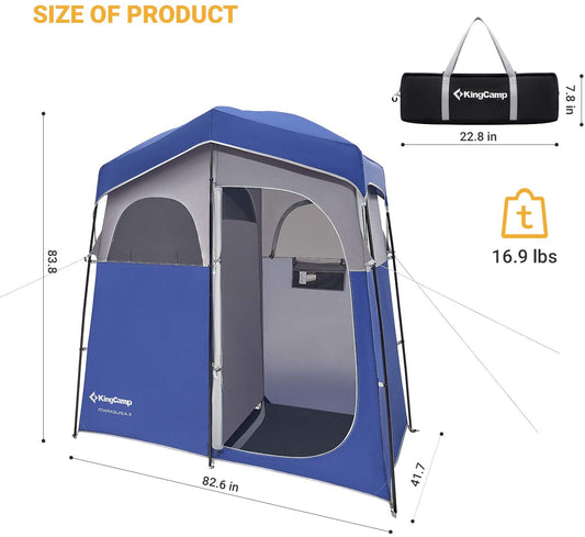 A spacious and durable KingCamp Double Shower Tent with separate rooms for showering and changing, designed for comfort and privacy during outdoor adventures.