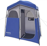 A spacious and durable KingCamp Double Shower Tent with separate rooms for showering and changing, designed for comfort and privacy during outdoor adventures.