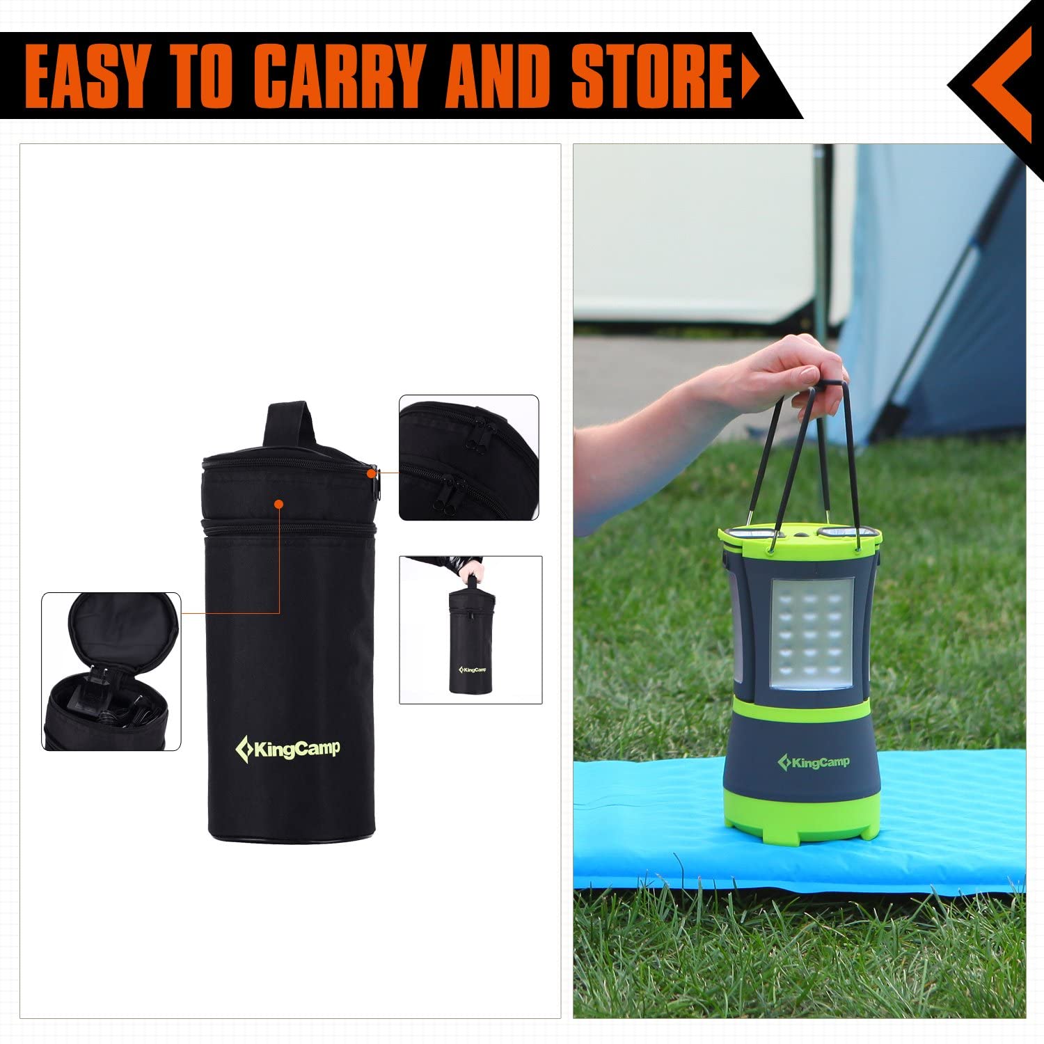 Compact and rechargeable LED lantern with adjustable brightness for camping and outdoor use.