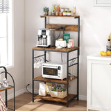 Kitchen Bakers Rack, Coffee Bar Table 4 Tiers, Kitchen Microwave Stand with 6 S-shaped Hooks, Kitchen Storage Shelf Rack for Spices, Pots and Pans - Rustic Brown