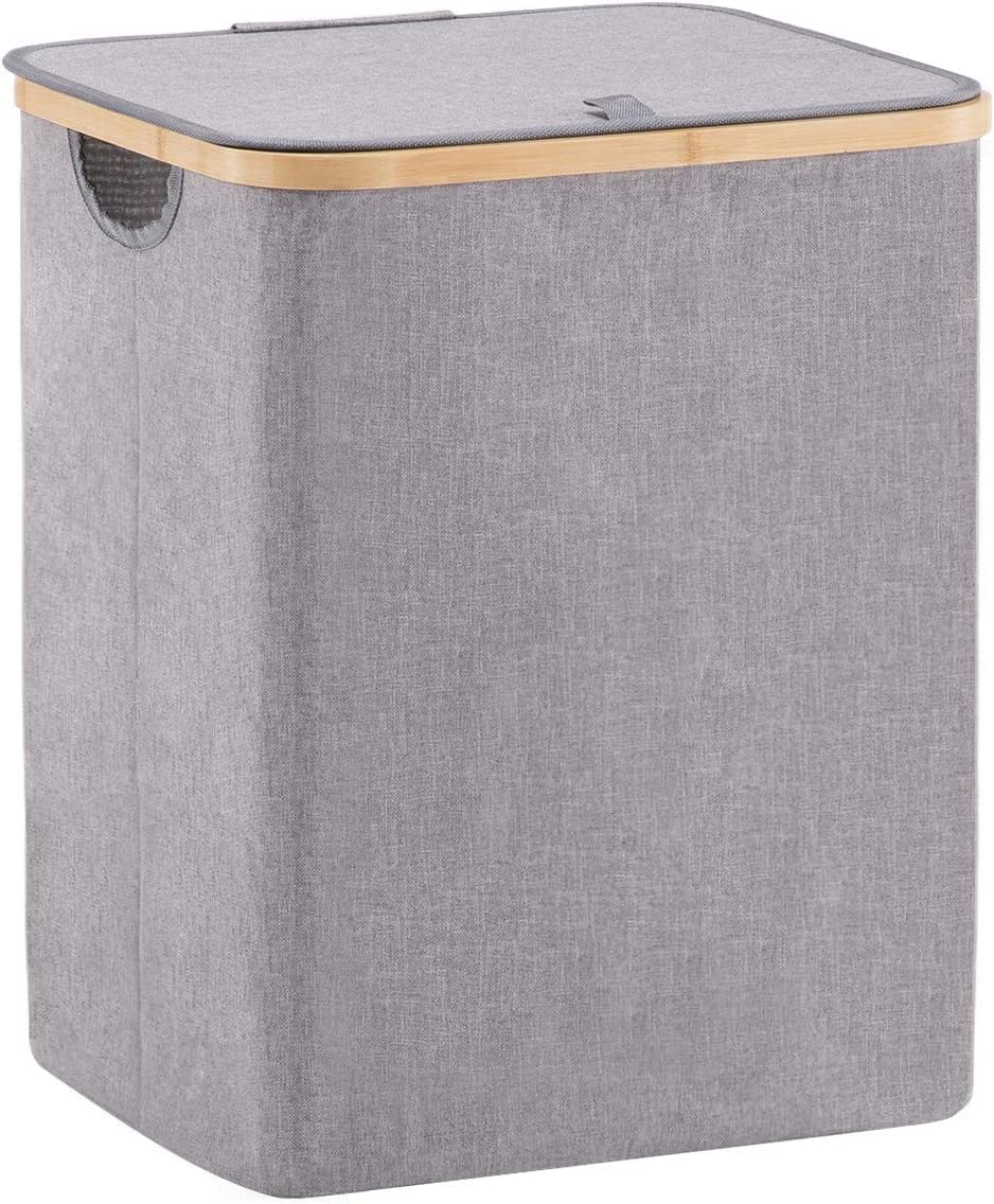 Bamboo laundry hamper basket with lid and handles, available in three sizes. Features a foldable design for space-saving storage, modern lid for dust protection, and sturdy bamboo poles for support. Made from durable, lightweight fabric.