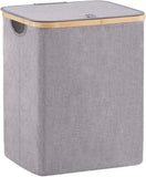 Bamboo laundry hamper basket with lid and handles, available in three sizes. Features a foldable design for space-saving storage, modern lid for dust protection, and sturdy bamboo poles for support. Made from durable, lightweight fabric.