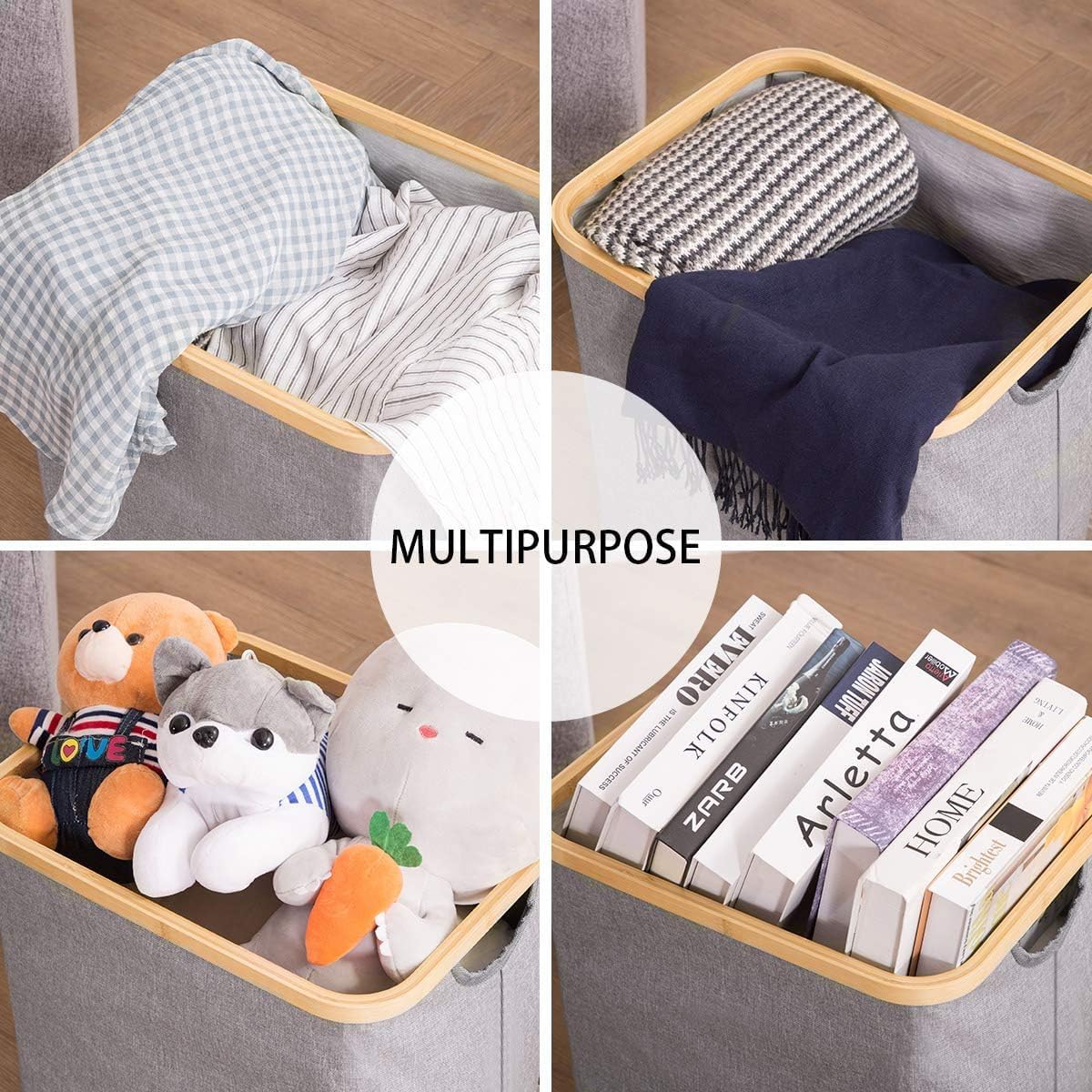 Bamboo laundry hamper basket with lid and handles, available in three sizes. Features a foldable design for space-saving storage, modern lid for dust protection, and sturdy bamboo poles for support. Made from durable, lightweight fabric.