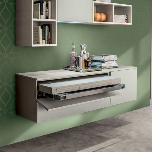 Double-leg pull-out drawer table system with 1540 mm adjustable extension.