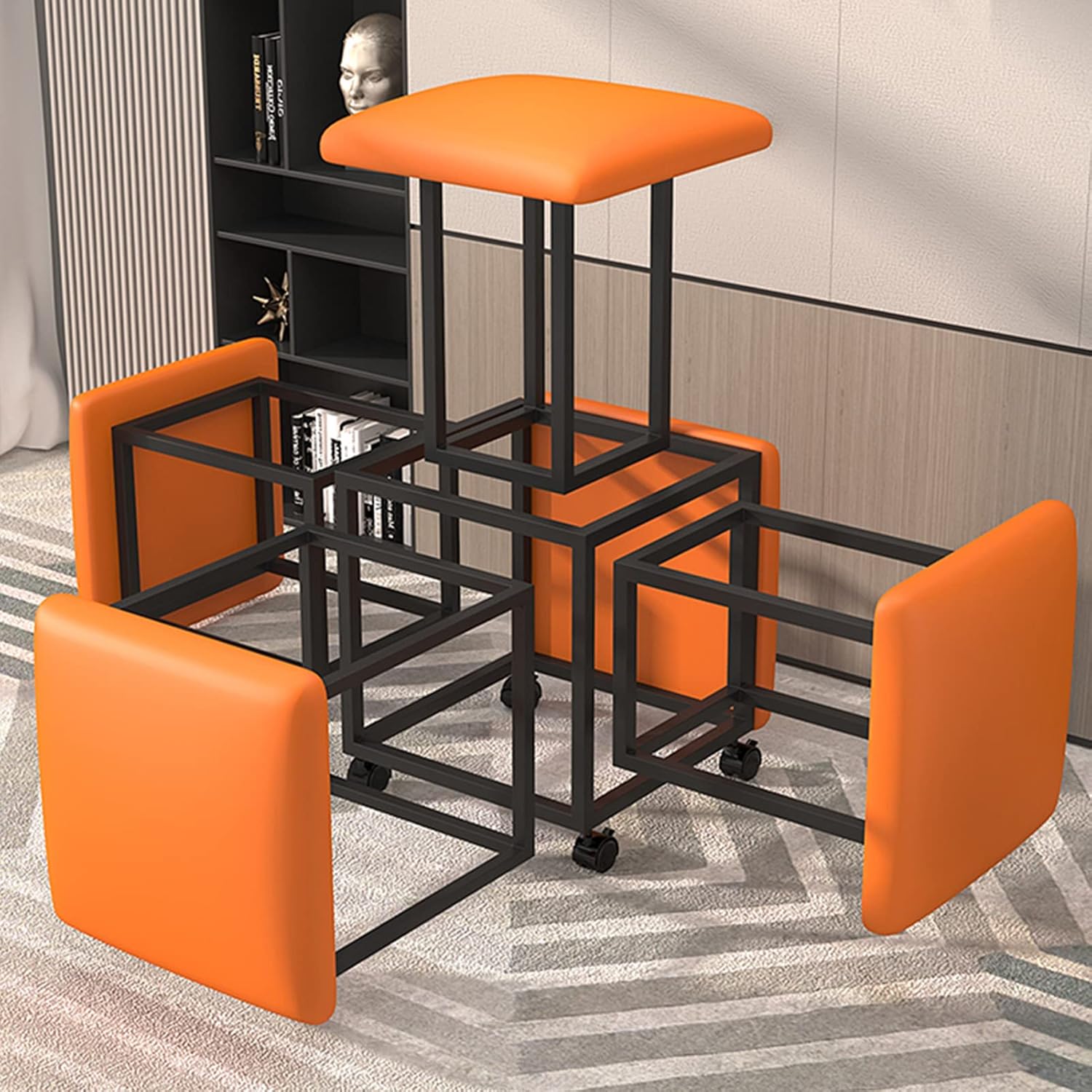 FlexiCube 5-in-1 by Matrix: a versatile seating solution that transforms from a compact cube into five hidden seats, crafted with luxurious, soft cloth and available in multiple colors. Features a sturdy iron frame and easy-to-clean, waterproof fabric