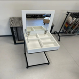 Cost-effective bundle of a premium aluminum makeup trolley, full-length aluminum frame mirror, and 8-inch wall-mounted cosmetic mirror. The set includes a durable and spacious aluminum makeup trolley with 5 shelves and swivel wheels (29x18x18 inches), a versatile full-length mirror (59x16 inches) with multiple mounting options, and a compact 8-inch double-sided cosmetic mirror with 5X magnification and a 14-inch extendable arm.