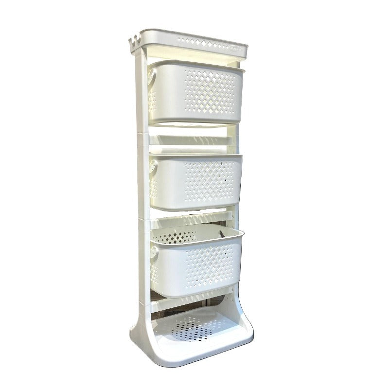 A sleek and stylish 3-tier plastic storage basket designed for kitchen organization, featuring swinging and fixed basket options, 4-side ventilation, and two-side access, measuring 43 x 33 x 113 cm.