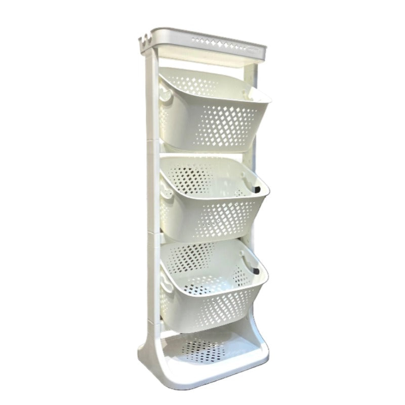 A sleek and stylish 3-tier plastic storage basket designed for kitchen organization, featuring swinging and fixed basket options, 4-side ventilation, and two-side access, measuring 43 x 33 x 113 cm.