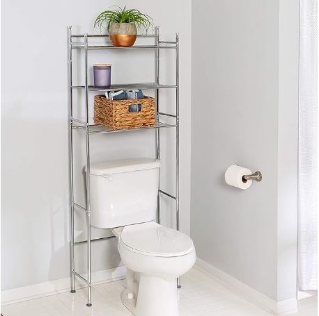 Sleek over-the-toilet storage rack with multiple shelves, ideal for organizing towels and toiletries in a modern bathroom.