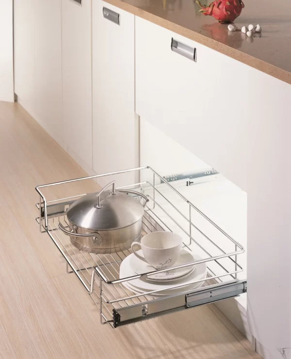 Wellmax PTJ007 Stove Drawer Basket Flat Tray made of metal with chrome-plated finish.