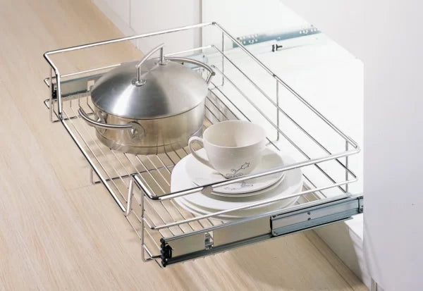 Wellmax PTJ007 Stove Drawer Basket Flat Tray made of metal with chrome-plated finish.