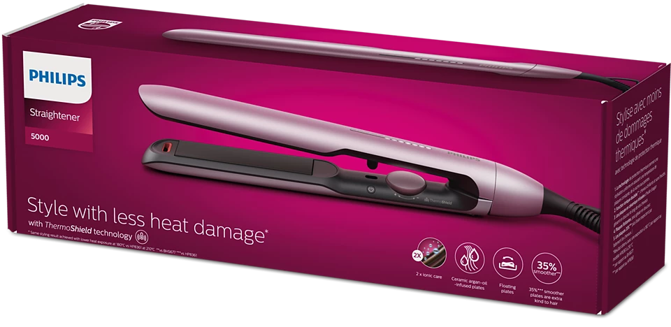 Philips 5000 Series Hair Straightener BHS530/00 with ThermoShield technology, argan-oil infused plates, and 2x ionic care for smooth, shiny, and frizz-free hair