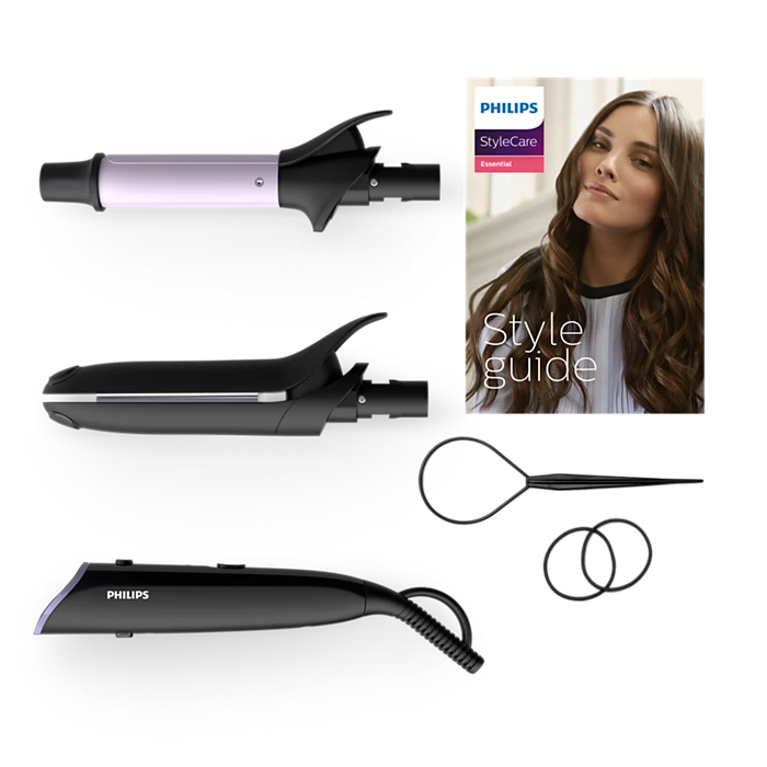 Philips BHH811/00 StyleCare Multi-Styler Curler with 5 attachments, including a 25mm curling barrel and 80mm straightener, for creating over 10 styles. Features OneClick technology, professional high heat up to 210°C, ceramic coating, cool tip, and a 1.8m swivel cord for easy and safe styling.