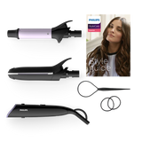 Philips BHH811/00 StyleCare Multi-Styler Curler with 5 attachments, including a 25mm curling barrel and 80mm straightener, for creating over 10 styles. Features OneClick technology, professional high heat up to 210°C, ceramic coating, cool tip, and a 1.8m swivel cord for easy and safe styling.