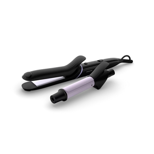 Philips BHH811/00 StyleCare Multi-Styler Curler with 5 attachments, including a 25mm curling barrel and 80mm straightener, for creating over 10 styles. Features OneClick technology, professional high heat up to 210°C, ceramic coating, cool tip, and a 1.8m swivel cord for easy and safe styling.