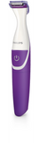 Philips BRT383/15 BikiniGenie trimmer with wet & dry use, bikini trimming head, mini shaving head, click-on combs, ergonomic design, and battery-powered portability for precise and safe bikini line grooming.