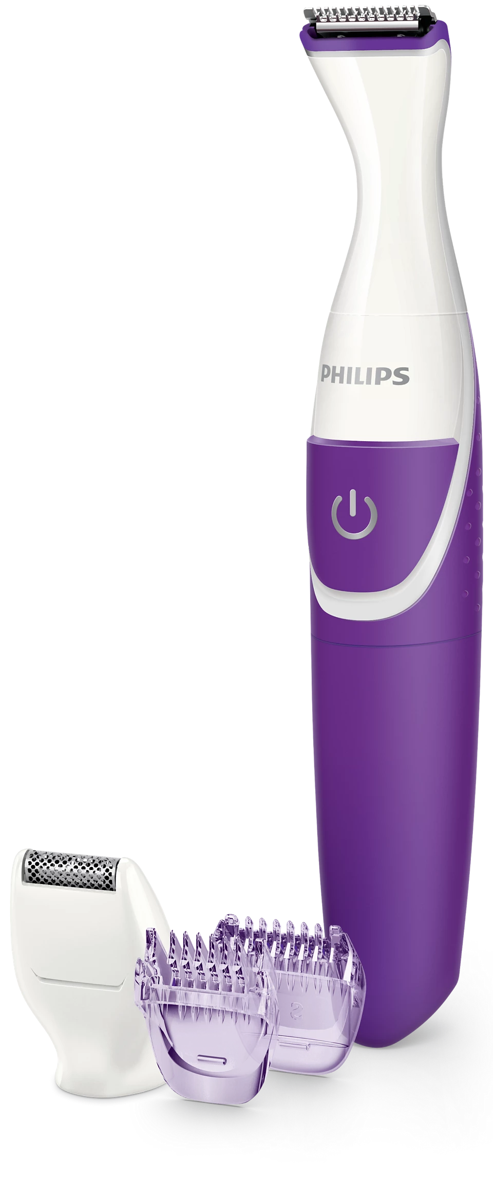 Philips BRT383/15 BikiniGenie trimmer with wet & dry use, bikini trimming head, mini shaving head, click-on combs, ergonomic design, and battery-powered portability for precise and safe bikini line grooming.