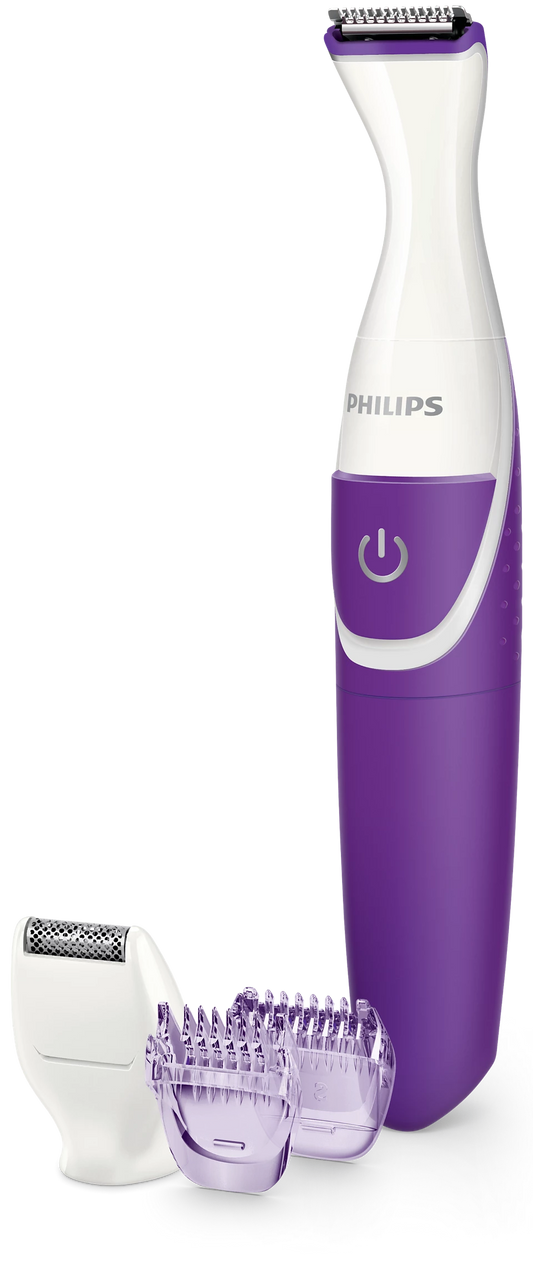 Philips BRT383/15 BikiniGenie trimmer with wet & dry use, bikini trimming head, mini shaving head, click-on combs, ergonomic design, and battery-powered portability for precise and safe bikini line grooming.