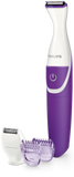 Philips BRT383/15 BikiniGenie trimmer with wet & dry use, bikini trimming head, mini shaving head, click-on combs, ergonomic design, and battery-powered portability for precise and safe bikini line grooming.