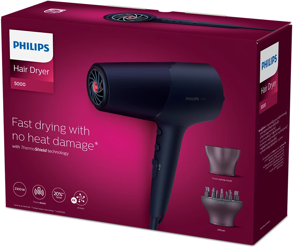 Philips Dryer 5000 BHD510/03 with 2300W power, ThermoSense, and 4xION technology for fast, frizz-free styling