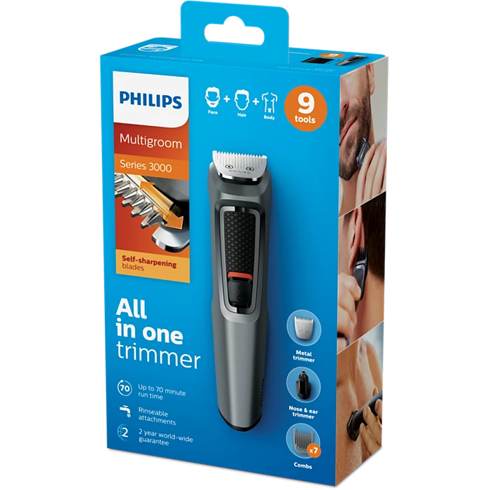 Philips MG3747/13 Multigroom Series 3000 9-in-1 Trimmer with self-sharpening blades, multiple comb attachments, and rinseable components for face, hair, and body grooming