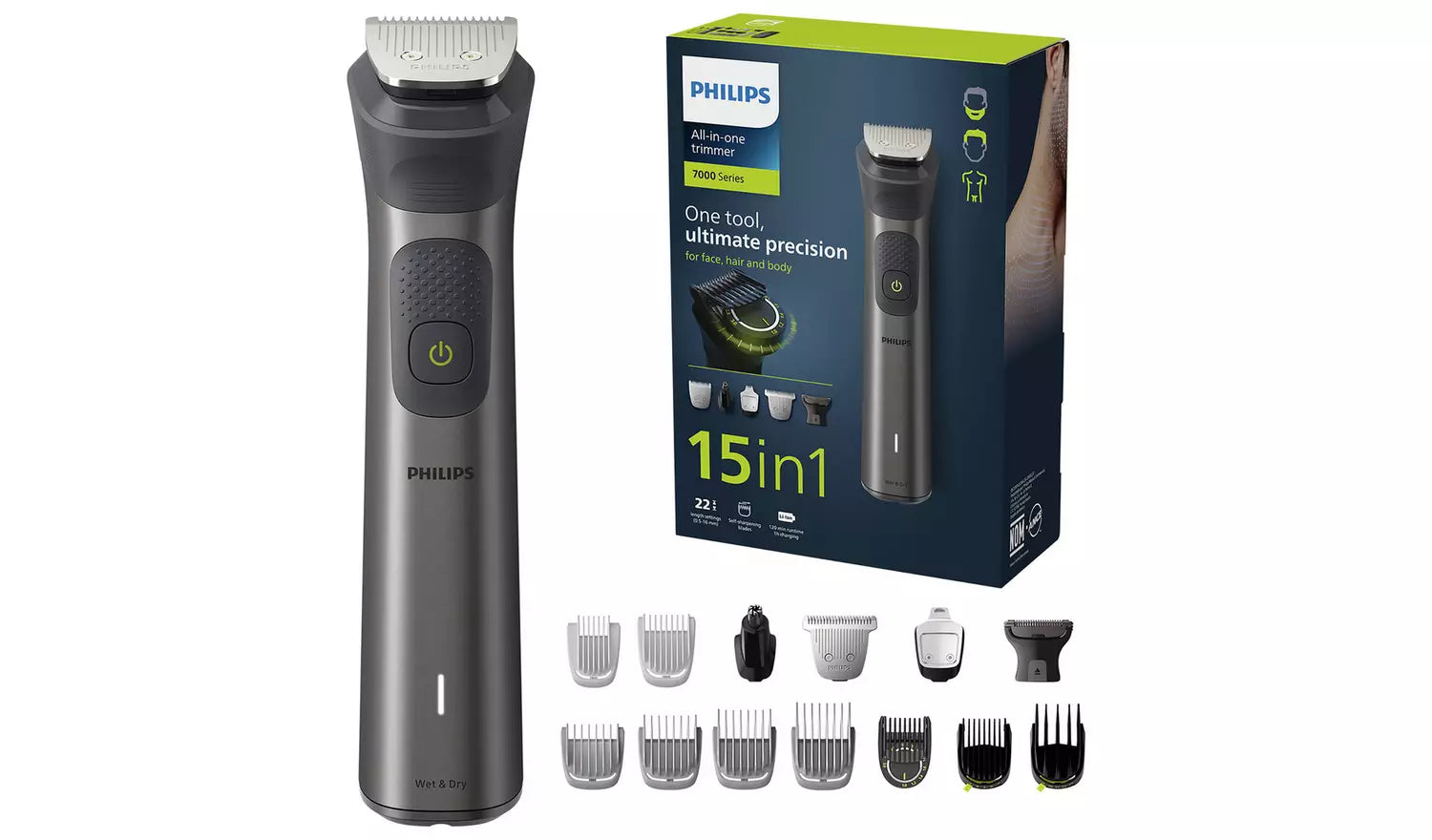 Philips MG7940/15 Series 7000 All-in-One Trimmer with self-sharpening blades, 16 attachments, and a 100% showerproof design for face, hair, and body grooming