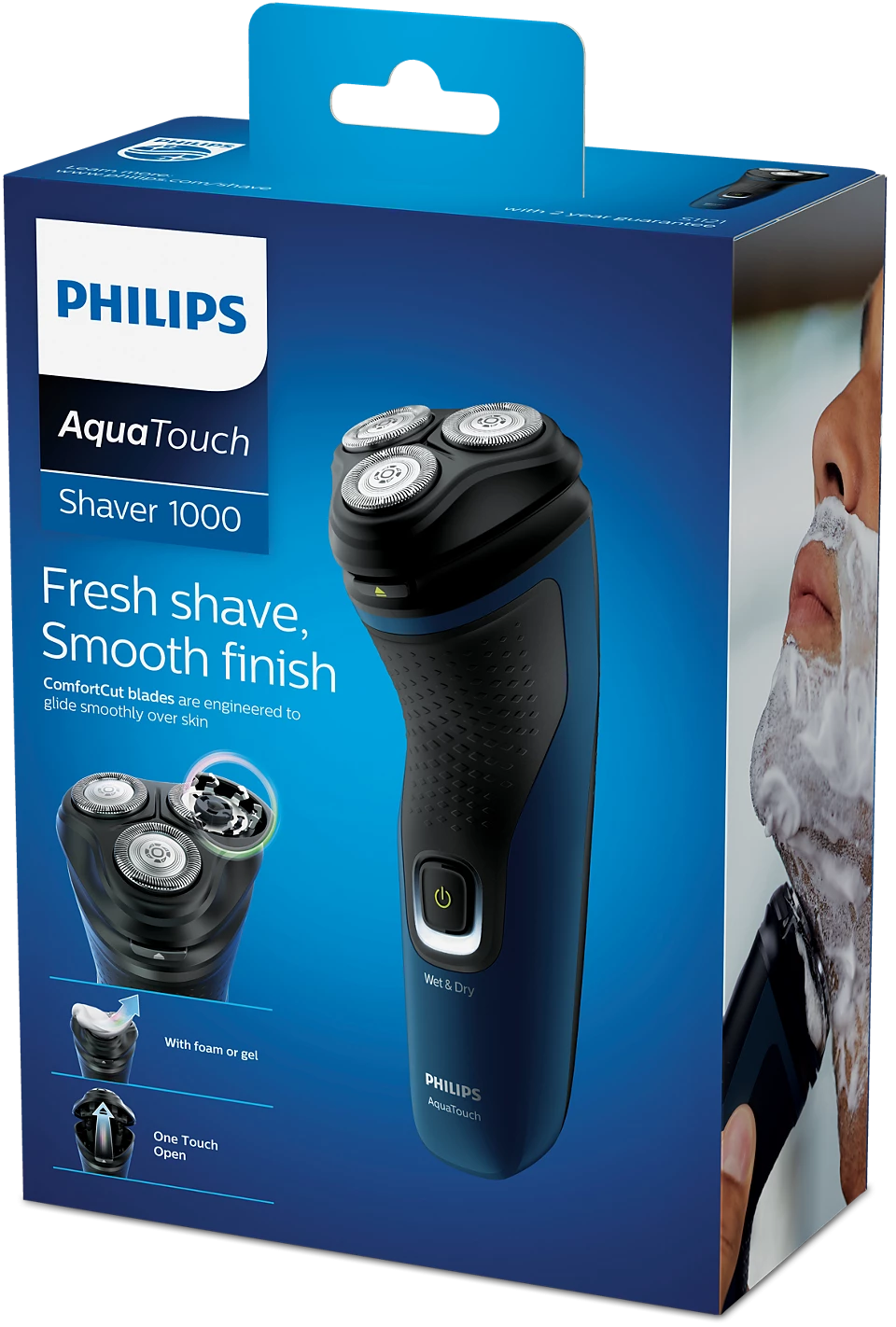 Philips S1121/41 AquaTouch shaver with ComfortCut blades, 3D floating heads, skin protection system, one-touch open cleaning, ergonomic handle, and up to 40 minutes cordless shaving for a smooth, comfortable wet or dry shave.