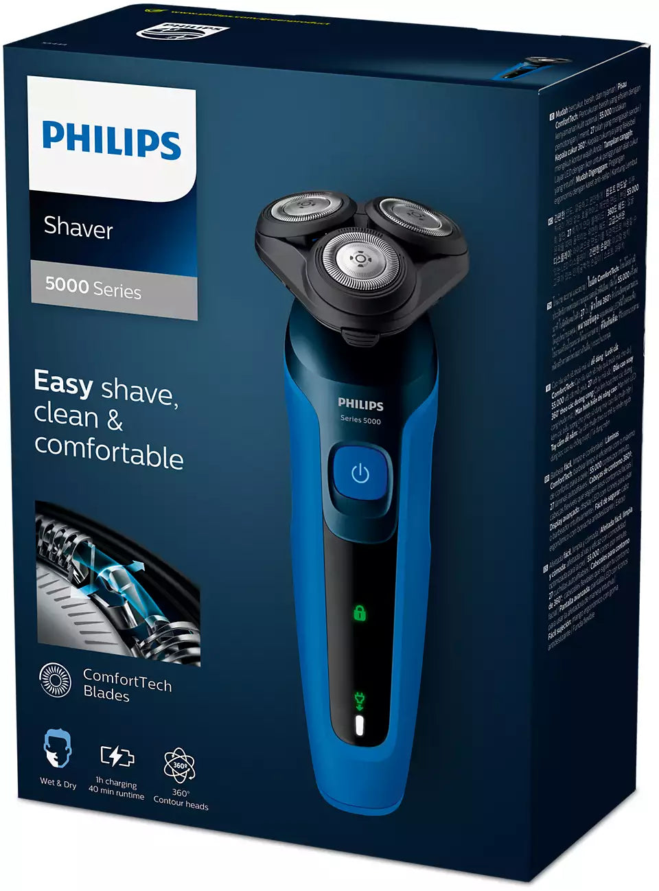 Philips Shaver Series 5000 S5444 with ComfortTech blades, 360° contour heads, ergonomic design, and wet/dry functionality for a comfortable, smooth shave.