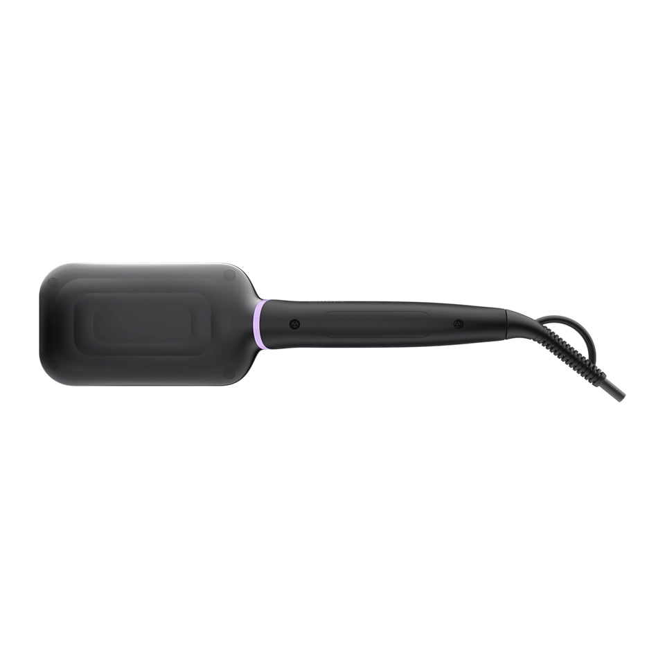 Hair straightening brush with tourmaline ceramic coating, ThermoProtect technology, two temperature settings, and a 1.8m swivel cord for smooth, frizz-free hair.