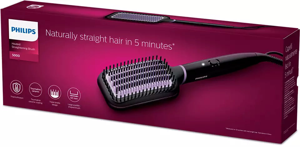 Hair straightening brush with tourmaline ceramic coating, ThermoProtect technology, two temperature settings, and a 1.8m swivel cord for smooth, frizz-free hair.