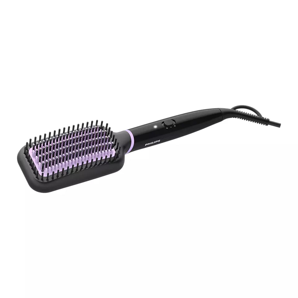 Hair straightening brush with tourmaline ceramic coating, ThermoProtect technology, two temperature settings, and a 1.8m swivel cord for smooth, frizz-free hair.