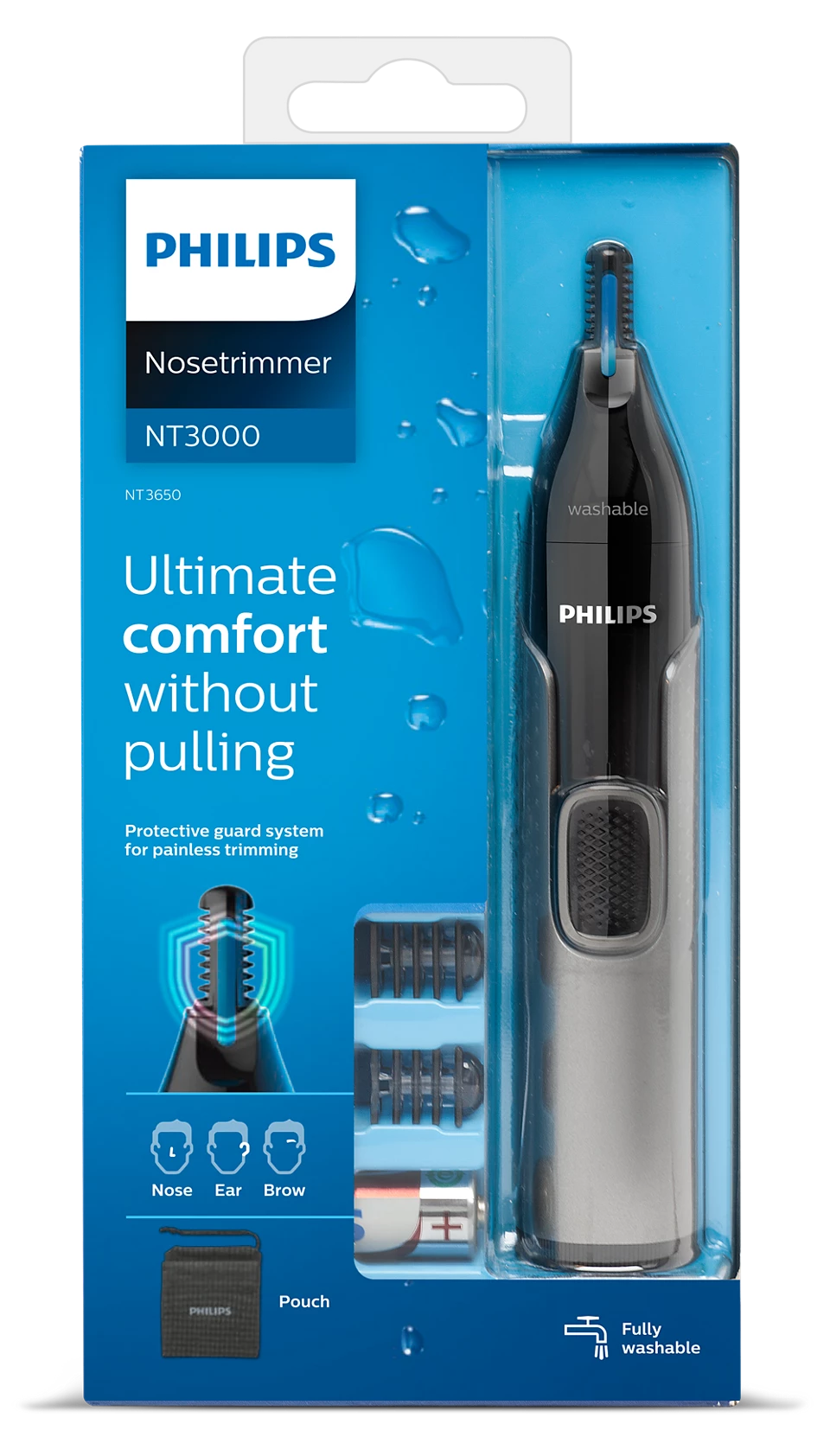 Philips NT3650/16 Nose, Ear & Eyebrow Trimmer with Protective Guard System, dual-sided precision blade, and textured handle for comfortable, safe, and efficient grooming