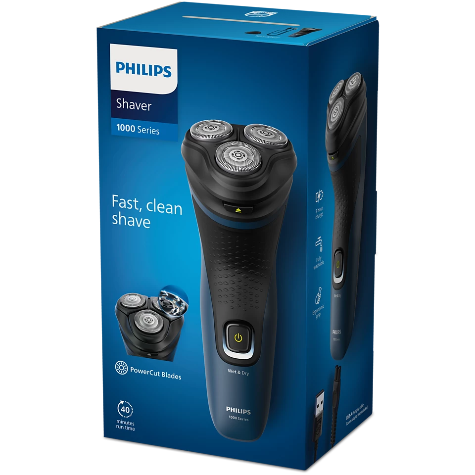 Philips S1151/00 Shaver 1000 Series with ComfortCut blades, 3D floating heads, waterproof design, 40 minutes cordless use, ergonomic handle, and one-touch open for easy cleaning, offering fast, clean, and comfortable wet or dry shaving.