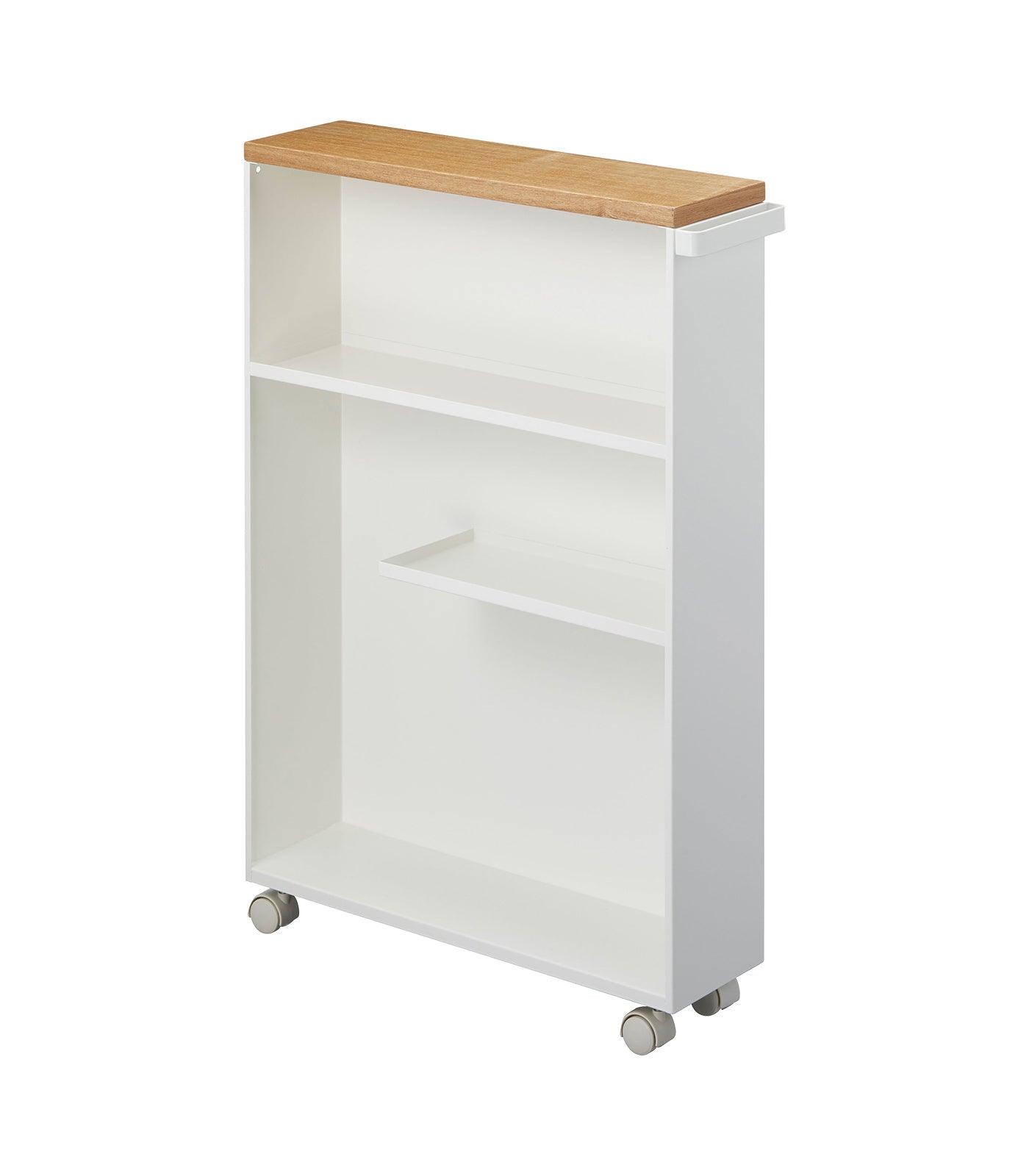 27-inch rolling storage cart made of MDF with handle, smooth-rolling wheels, and solid panel for discreet storage. Compact design with dimensions L 18.7 x W 5.12 x H 26.97 inches, ideal for home or office organization.