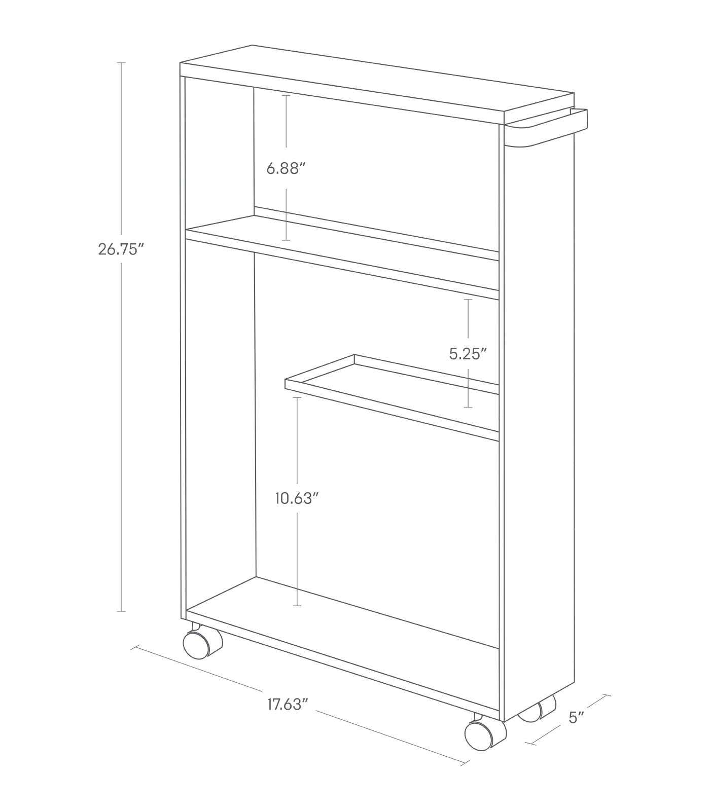 27-inch rolling storage cart made of MDF with handle, smooth-rolling wheels, and solid panel for discreet storage. Compact design with dimensions L 18.7 x W 5.12 x H 26.97 inches, ideal for home or office organization.