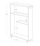 27-inch rolling storage cart made of MDF with handle, smooth-rolling wheels, and solid panel for discreet storage. Compact design with dimensions L 18.7 x W 5.12 x H 26.97 inches, ideal for home or office organization.