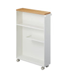 27-inch rolling storage cart made of MDF with handle, smooth-rolling wheels, and solid panel for discreet storage. Compact design with dimensions L 18.7 x W 5.12 x H 26.97 inches, ideal for home or office organization.