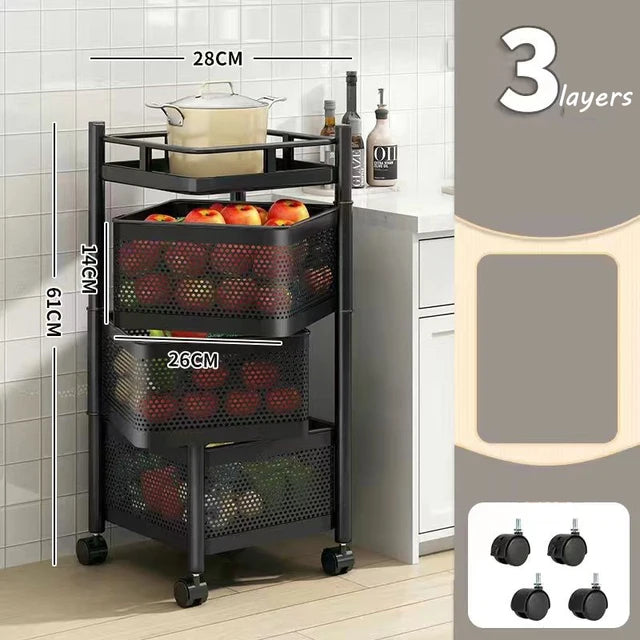 3/4 Tier 360° rotating metal square wire basket storage rack with wheels, featuring breathable wire mesh design for easy organization of fruits, vegetables, snacks, and bathroom essentials. Compact, durable, and stylish for versatile use in any space.