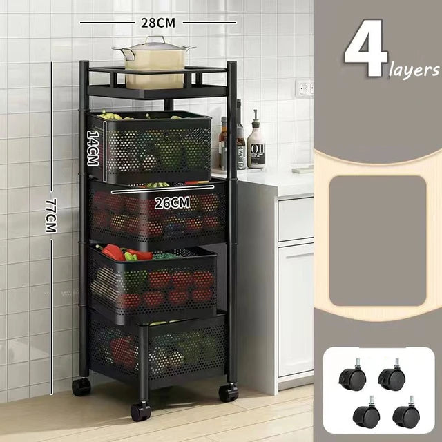 3/4 Tier 360° rotating metal square wire basket storage rack with wheels, featuring breathable wire mesh design for easy organization of fruits, vegetables, snacks, and bathroom essentials. Compact, durable, and stylish for versatile use in any space.