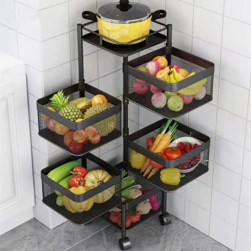 3/4 Tier 360° rotating metal square wire basket storage rack with wheels, featuring breathable wire mesh design for easy organization of fruits, vegetables, snacks, and bathroom essentials. Compact, durable, and stylish for versatile use in any space.