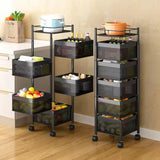 3/4 Tier 360° rotating metal square wire basket storage rack with wheels, featuring breathable wire mesh design for easy organization of fruits, vegetables, snacks, and bathroom essentials. Compact, durable, and stylish for versatile use in any space.