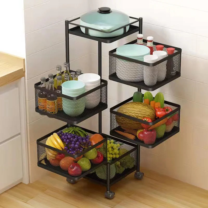 3/4 Tier 360° rotating metal square wire basket storage rack with wheels, featuring breathable wire mesh design for easy organization of fruits, vegetables, snacks, and bathroom essentials. Compact, durable, and stylish for versatile use in any space.